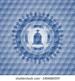 tombstone icon inside blue hexagon badge.