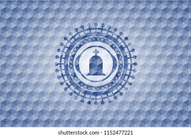 tombstone icon inside blue polygonal emblem.