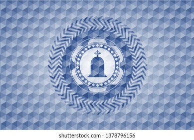 tombstone icon inside blue polygonal emblem.