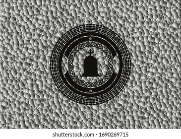 icono de la lápida dentro del emblema oscuro con fondo de burbujas. Ilustración vectorial. Detallado.