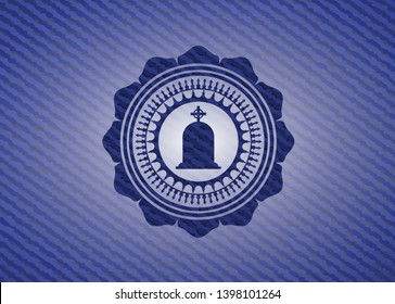 tombstone icon inside emblem with denim high quality background