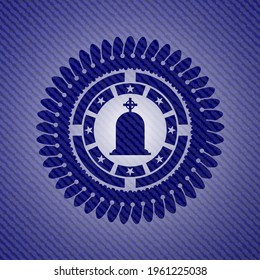 tombstone icon inside emblem with jean texture. 