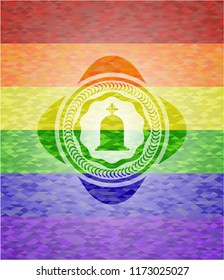 tombstone icon inside emblem on mosaic background with the colors of the LGBT flag
