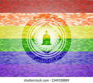 tombstone icon inside emblem on mosaic background with the colors of the LGBT flag