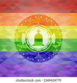 tombstone icon inside emblem on mosaic background with the colors of the LGBT flag