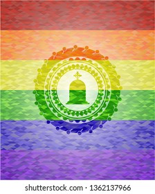 tombstone icon inside emblem on mosaic background with the colors of the LGBT flag
