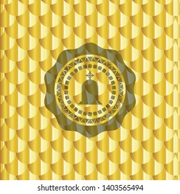 tombstone icon inside gold badge or emblem. Scales pattern. Vector Illustration. Detailed.
