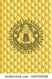 tombstone icon inside gold badge or emblem. Scales pattern. Vector Illustration. Detailed.