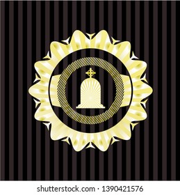 tombstone icon inside golden badge or emblem