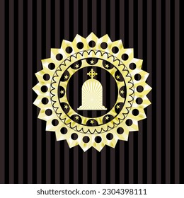tombstone icon inside golden badge or emblem. 