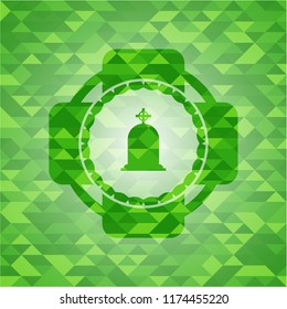 tombstone icon inside green emblem with mosaic ecological style background