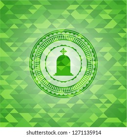 tombstone icon inside green emblem. Mosaic background