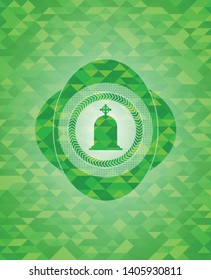 tombstone icon inside green emblem with triangle mosaic background