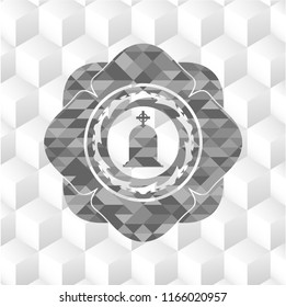 tombstone icon inside grey badge with geometric cube white background