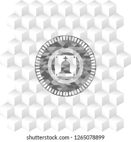tombstone icon inside grey badge with geometric cube white background