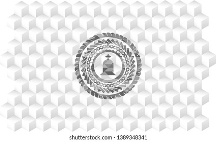 tombstone icon inside grey badge with geometric cube white background