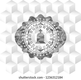 tombstone icon inside grey emblem. Retro with geometric cube white background