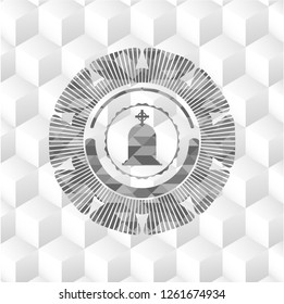 tombstone icon inside grey emblem. Retro with geometric cube white background