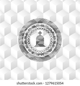 tombstone icon inside grey emblem with geometric cube white background