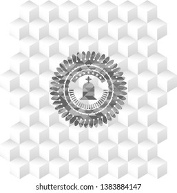 tombstone icon inside grey emblem with cube white background