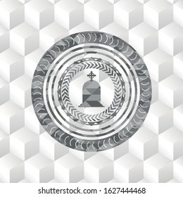 tombstone icon inside grey emblem. Vintage with geometric cube white background