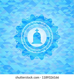 tombstone icon inside light blue emblem. Mosaic background
