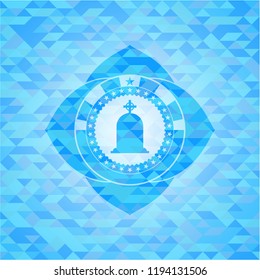 tombstone icon inside light blue emblem with mosaic ecological style background