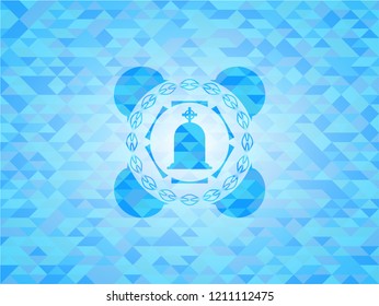 tombstone icon inside light blue mosaic emblem