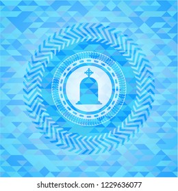 tombstone icon inside light blue emblem with mosaic background