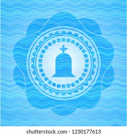 tombstone icon inside light blue water style badge.