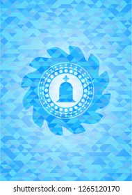 tombstone icon inside light blue emblem. Mosaic background