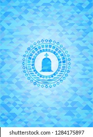 tombstone icon inside light blue emblem. Mosaic background