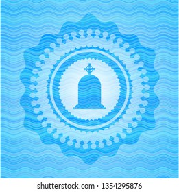 tombstone icon inside light blue water wave badge background.