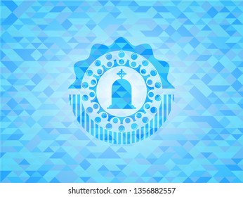 tombstone icon inside light blue emblem with mosaic ecological style background