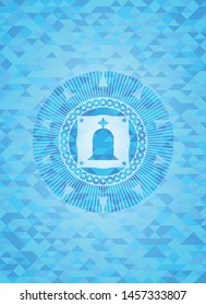 tombstone icon inside light blue emblem with mosaic background