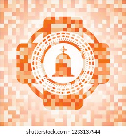 tombstone icon inside orange mosaic emblem with background