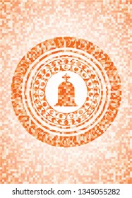 tombstone icon inside orange mosaic emblem with background