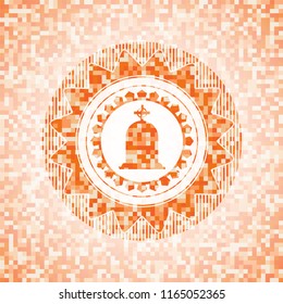 tombstone icon inside orange tile background illustration. Square geometric mosaic seamless pattern with emblem inside.