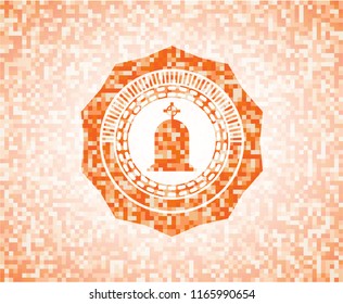 tombstone icon inside orange tile background illustration. Square geometric mosaic seamless pattern with emblem inside.
