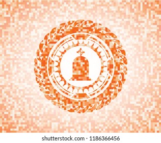 tombstone icon inside orange tile background illustration. Square geometric mosaic seamless pattern with emblem inside.