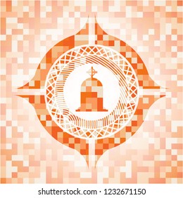 tombstone icon inside orange tile background illustration. Square geometric mosaic seamless pattern with emblem inside.