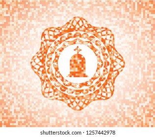 tombstone icon inside orange tile background illustration. Square geometric mosaic seamless pattern with emblem inside.