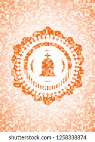 tombstone icon inside orange tile background illustration. Square geometric mosaic seamless pattern with emblem inside.