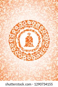 tombstone icon inside orange tile background illustration. Square geometric mosaic seamless pattern with emblem inside.