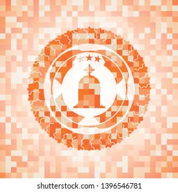 tombstone icon inside orange tile background illustration. Square geometric mosaic seamless pattern with emblem inside.