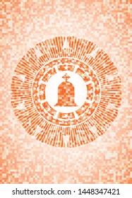 tombstone icon inside orange tile background illustration. Square geometric mosaic seamless pattern with emblem inside.