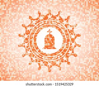 tombstone icon inside orange tile background illustration. Square geometric mosaic seamless pattern with emblem inside.