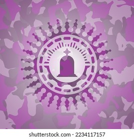 tombstone icon inside pink and purple camouflage texture. 