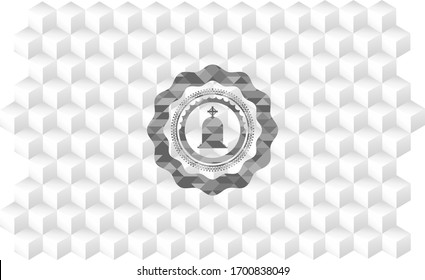 tombstone icon inside realistic grey emblem with geometric cube white background