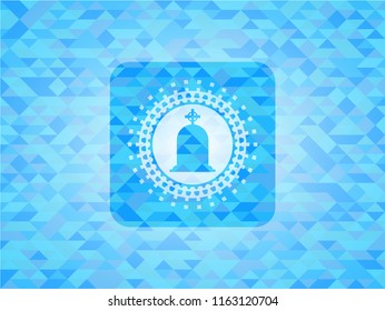 tombstone icon inside realistic light blue emblem. Mosaic background